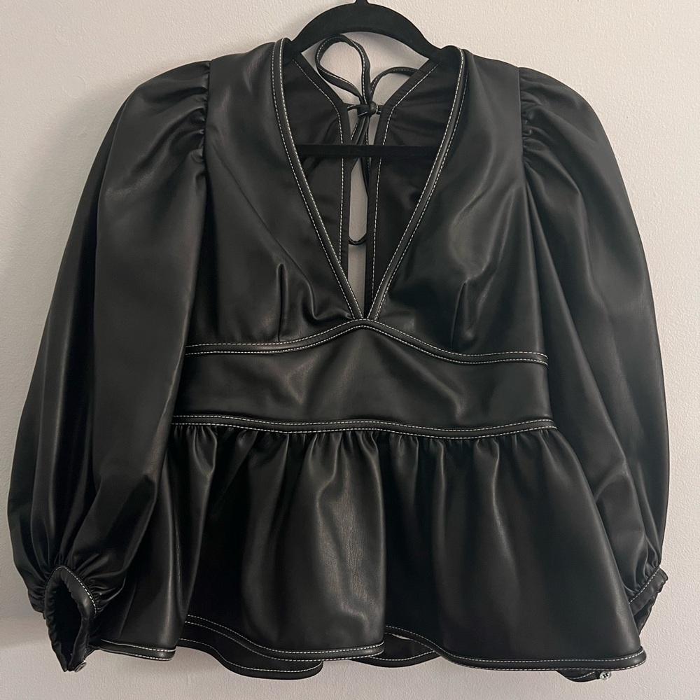 STAUD “Luna” peplum top. Vegan leather. Black. NWT. Size 8.